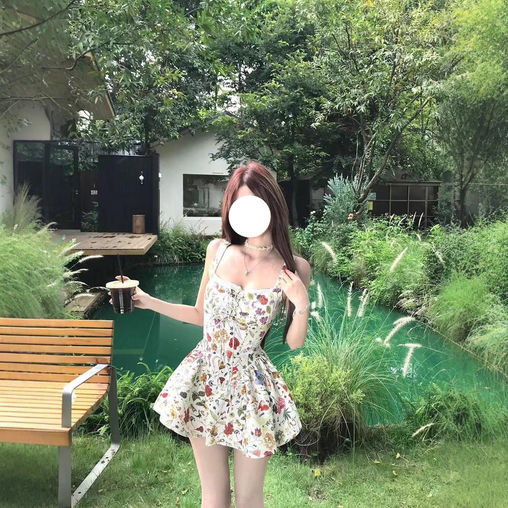 Sweet design French suspender dress women's summer floral skirt sweet A-shaped skirt