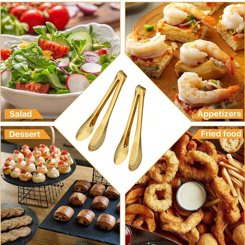 Stainless Steel Serving Tongs Three Sizes, Gold Tongs for Serving Food, Serving Utensils Cooking Tongs for Buffet, Appetizer, Dessert