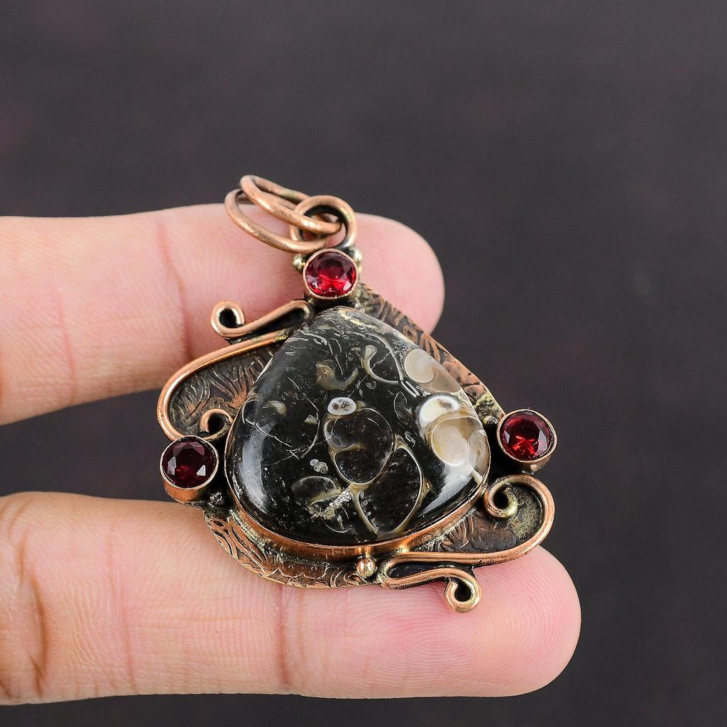 Turritella Agate Pendant Mozambique Garnet Pendant Copper Pendant Handmade Jewelry Beautiful Gemstone Pendant Copper Jewelry Gift For Bridal