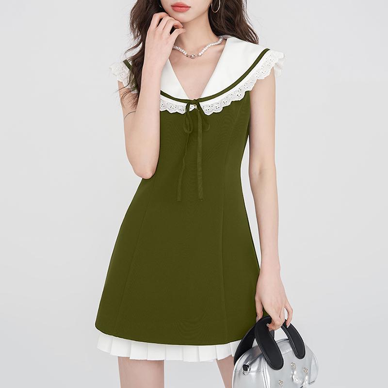 

VONDA Summer Women Lace Hem Naval Collar Sleeveless Ruffled Casual Dress 4XL армия зеленый