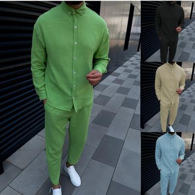 2025 Autumn Men's Wrinkled Bubble Casual Suit Long Sleeved Fashionable Workwear Long Pants Foreign Trade Two-piece Set