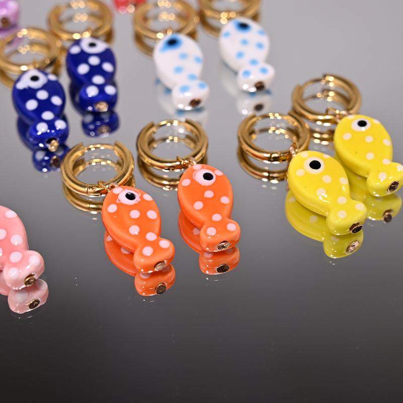 1Pair Cartoon Cute Ceramic Fish Pendant Hoop Earrings For Women Girls  Versatile Ear Buckle Jewelry Accessories Gifts