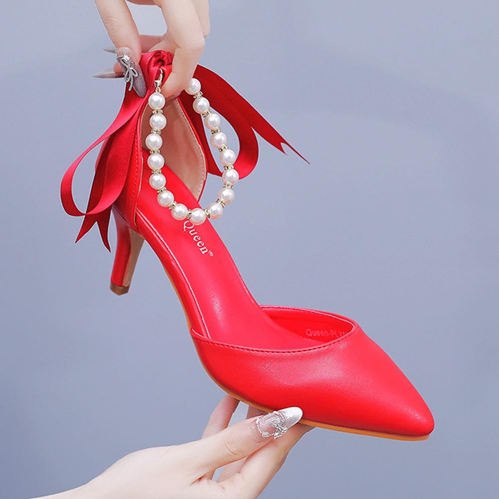 7cm Sandály na středním podpatku Tenký podpatek Kamínkové Korálkové Stuhy Sandály Matná Měkká Kůže Svatba Banket Společenské Boty Ženy
