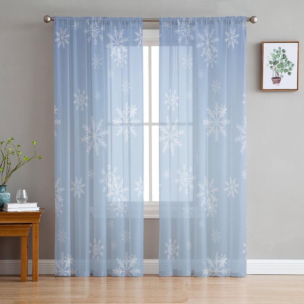 Christmas Snowflake Texture Tulle Window Treatment Sheer Curtains for Kitchen Living Room The Bedroom Curtains Decoration