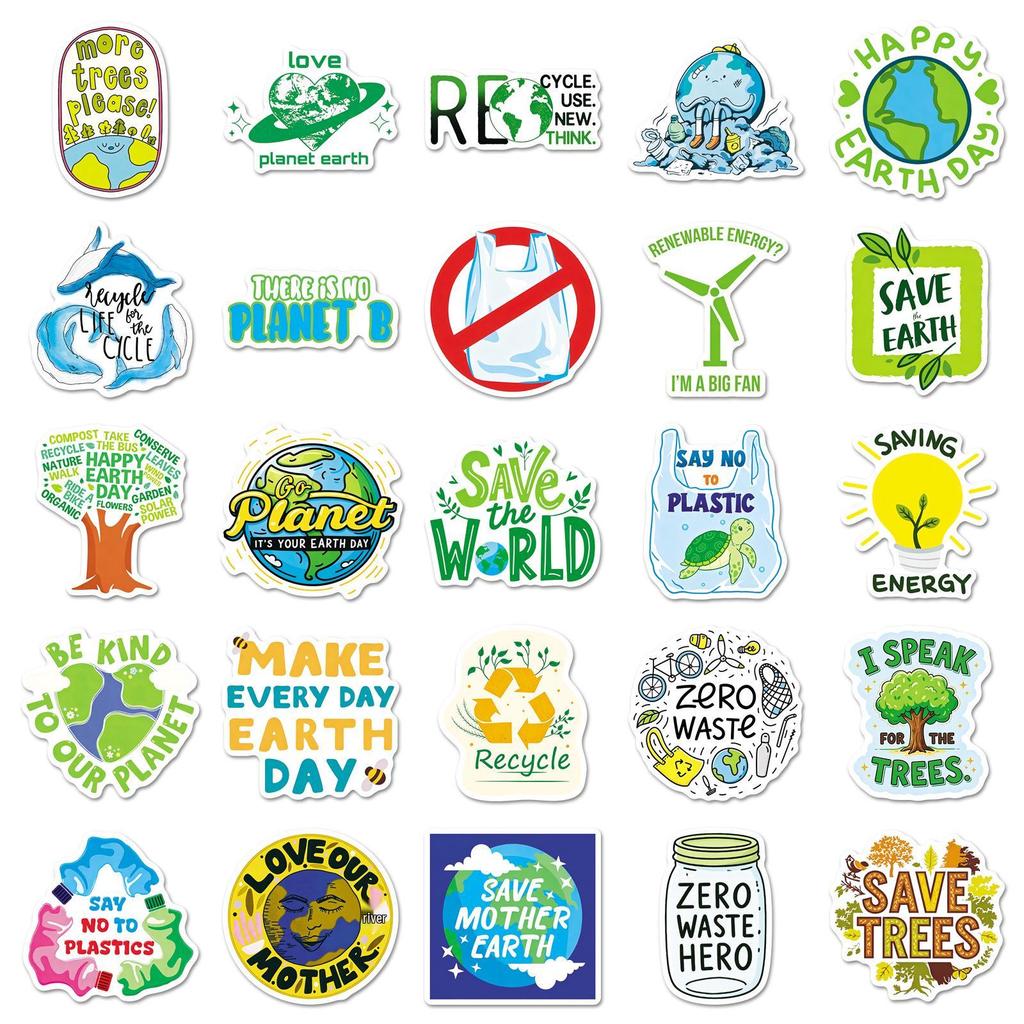 50 Earth-Friendly Stickers: Environmental Slogans & Cartoon Logos for Graffiti and Decoration