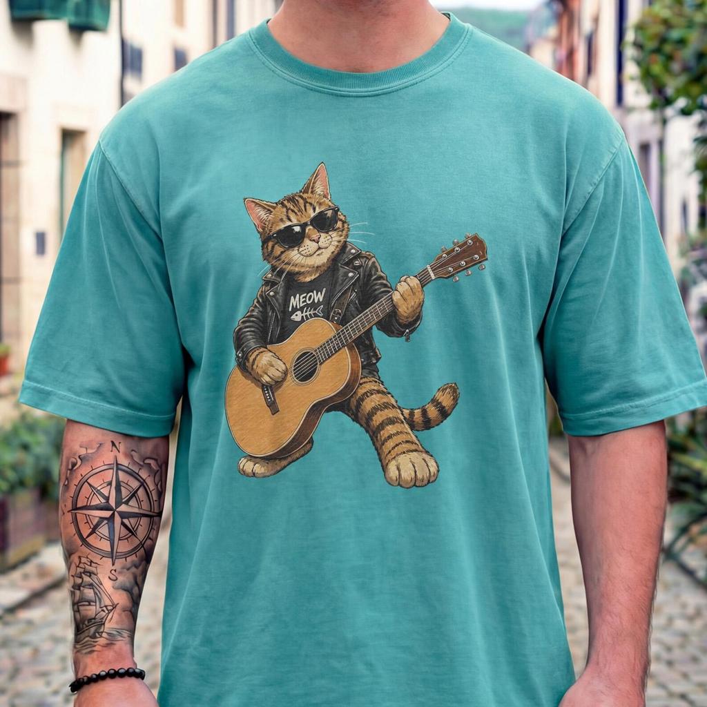 Rocker Cat Playing Guitar T-Shirt, Retro Tabby Kitten, Comfort Colors 1717, Music Lover Shirt