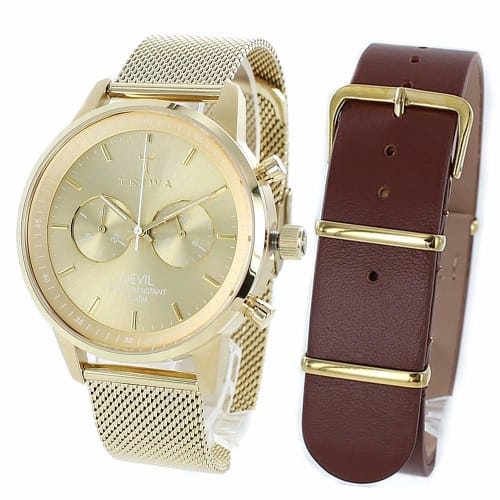 TRIWA Neville Chrono Watch, Unisex, Men's and Women's, Gold Mesh and Brown Leather, NEST104-2-ME021313-br, with Interchangeable Straps