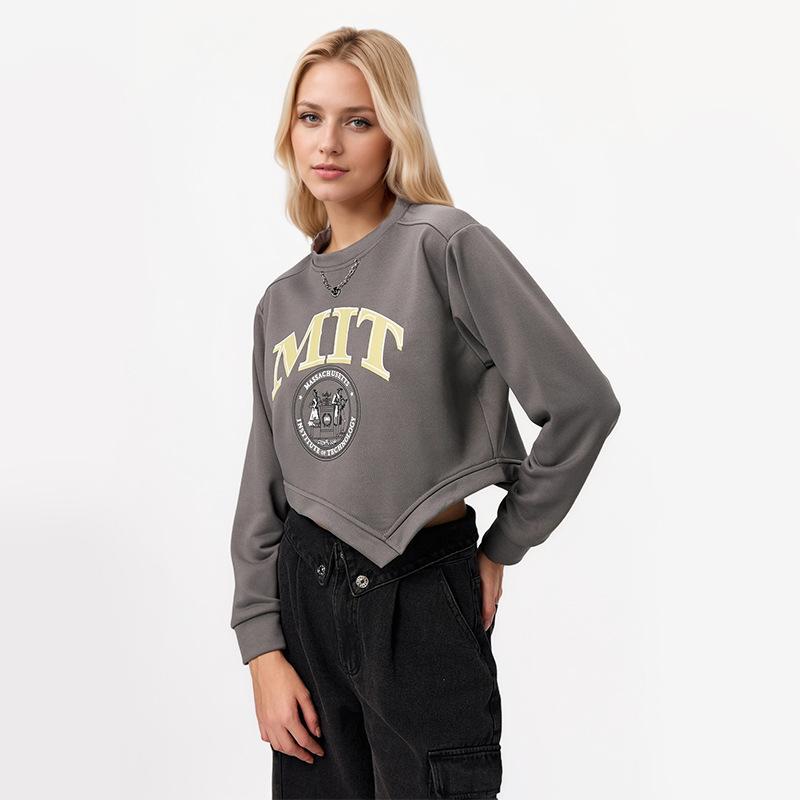 

Женская свободная принтованная короткая женская толстовка с длинным рукавом и неровным подолом XL темно-серого