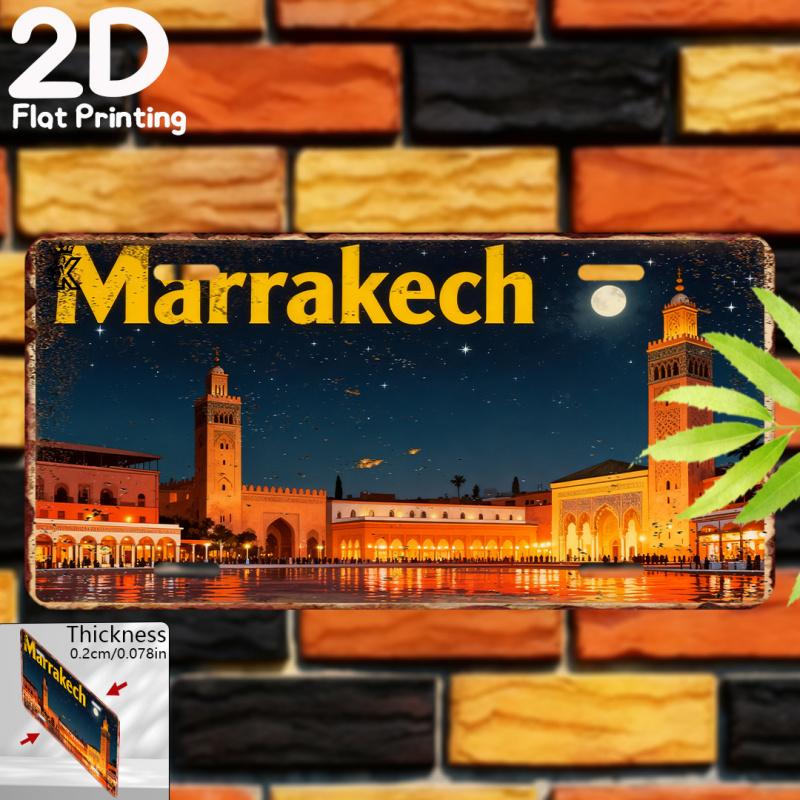 2D Flat, Vintage Aluminum Sign, 1pc, Marrakech Theme,Decorative Plaque & Ornament, Vintage Style Decor, City Theme Wall Art