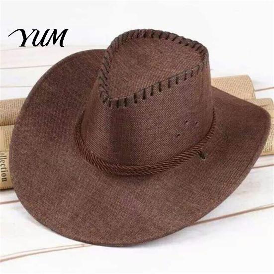 Outdoor UV Protection Hat Western Cowboy with Windbreak Rope for Men, Wide Brim Linen Sun Foldable Travel Travel, Halloween Cosplay Costume,