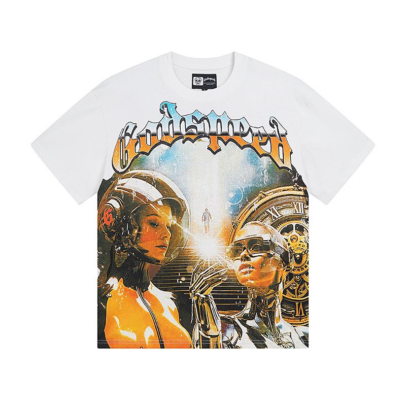 25SS Grensoverschrijdend Meichao Godspeed Schedel Rockband Basketbal Retro Korte Mouw T-shirt Koppels Dezelfde Stijl