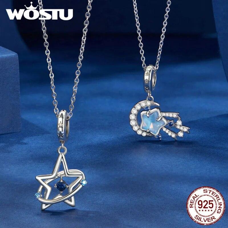 WOSTU 925 Sterling Silver Sparkling Dreamcatcher Shooting Star Pendant Moonstone Astronaut Charm Fit Original Bracelet For Women