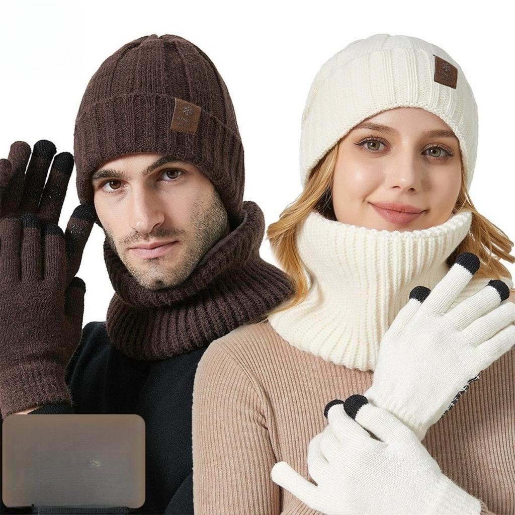 Men and Women, Warm Hat, Knitted Hat, Thick Scarf, Warm Gloves, Three Piece Set