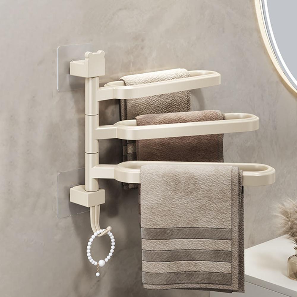 

Punch Free Swivel Towel Holder Plastic Towel Hanger Multifunctional Rotatable Towel Rack For Home Beige 3 Bars