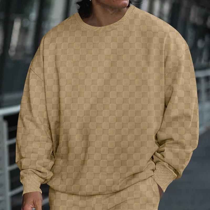 

Трансграничная мужская одежда Осень и Зима Тяжелый жаккардовый шахматный узор Круглый вырез Повседневная базовая футболка Вязаная футболка с длинным рукавом XXXL коричневый