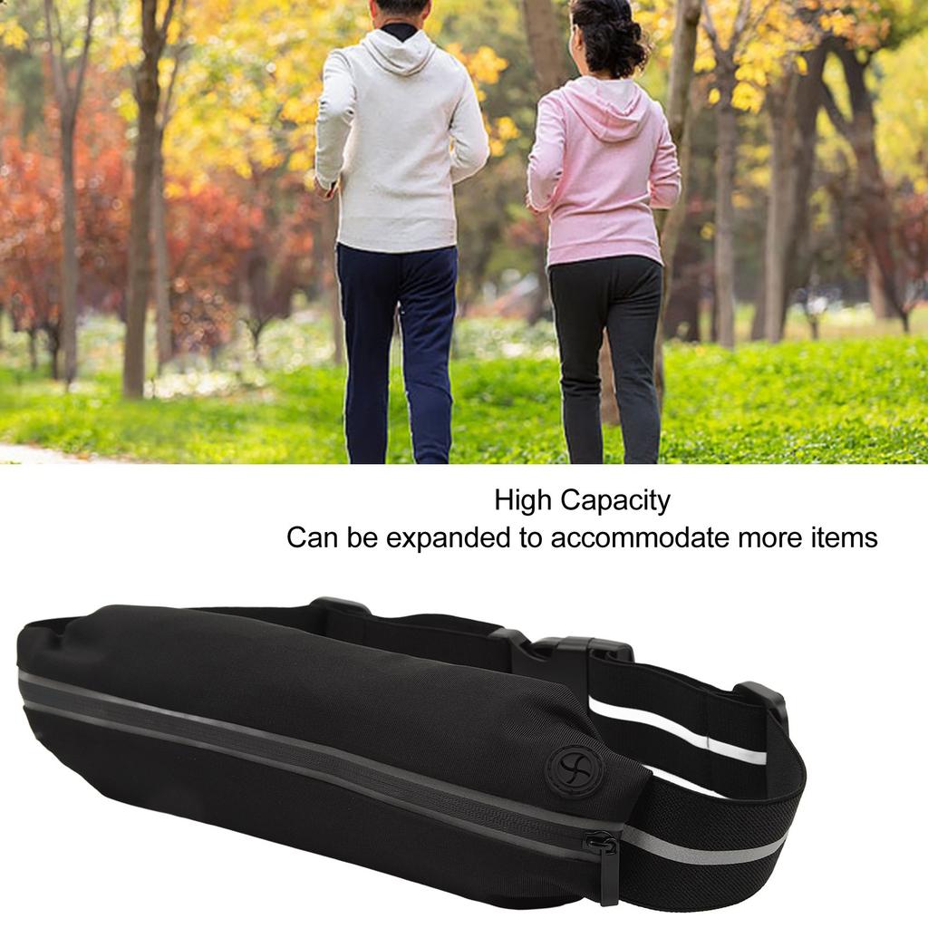 Sports Waist Bag with Headphone Hole Waterproof Reflective Strip Waist Pouch Adjustable Elastic Band Black