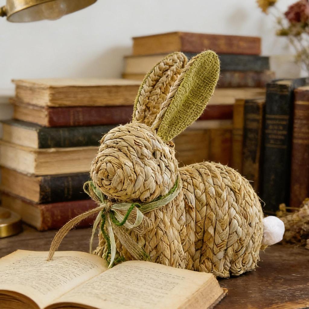 Spring Easter Handmade rabbit ornaments Rustic Cute Woven Spring Decor Rabbit Statue decorated with bows and fluffy tails