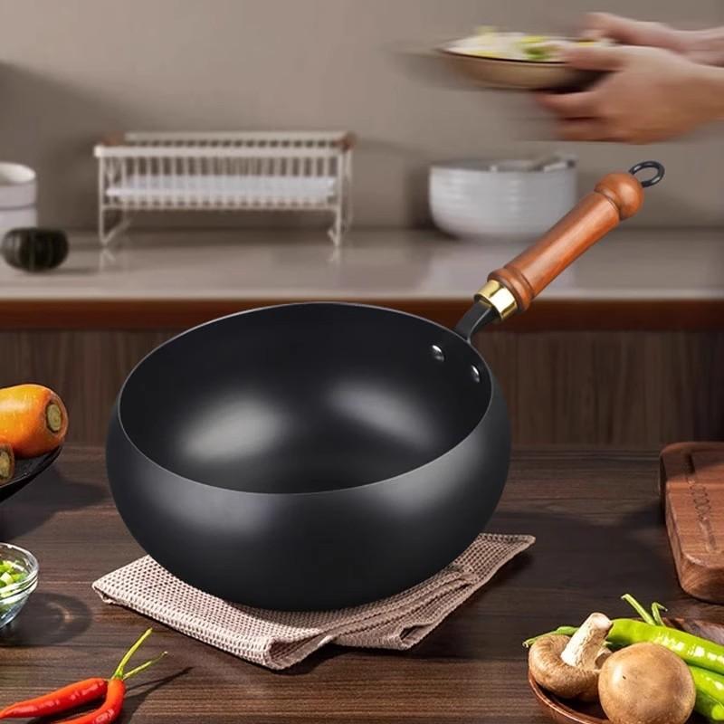 Antihaft Wok Bratpfanne Holzgriff Induktionsherd Kochen Ohne Beschichtung Gas Chinesischer Wok Flacher Boden für Küche Camping