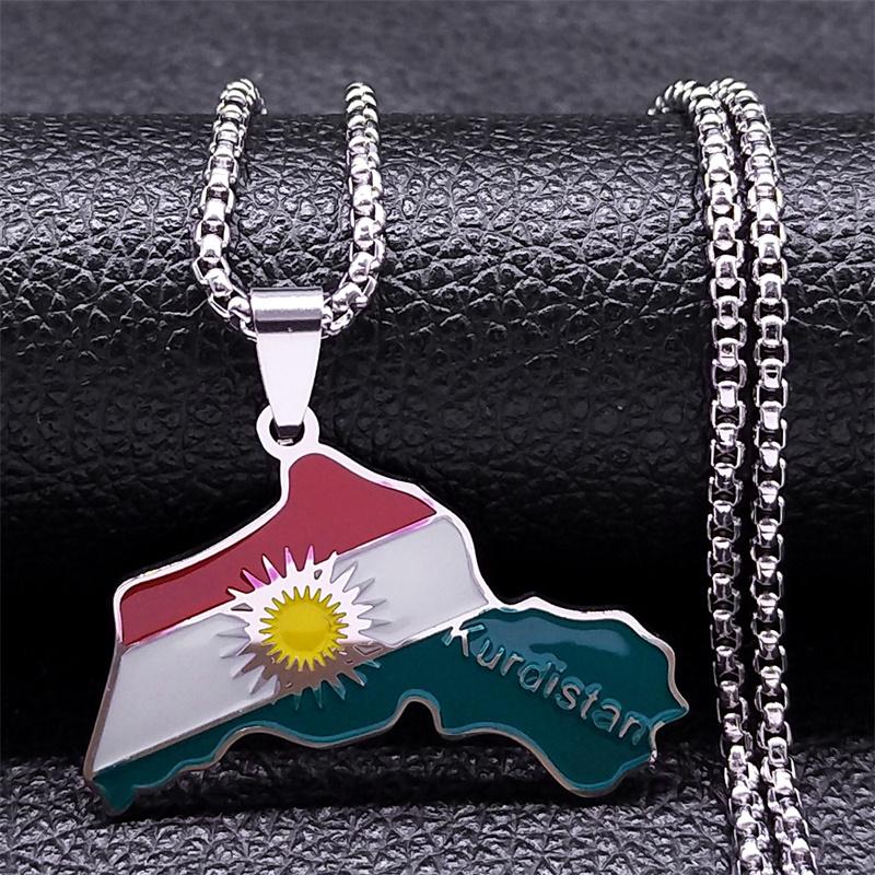 Kurdistan Region Map Necklace for Women Men Chains Stainless Steel Kurdish Flag Map Pendants Necklace Jewelry Collar N6212S01