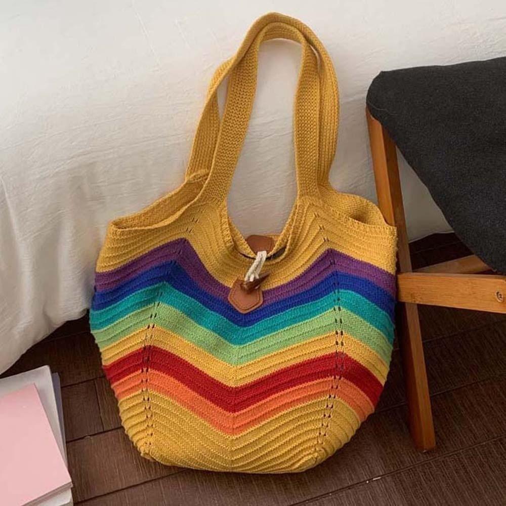 Sweet Knitted Tote Bag Large Capacity Breathable Crochet Shoulder Bag Lightweight Polyester Seaside Vacation Handbag Daily