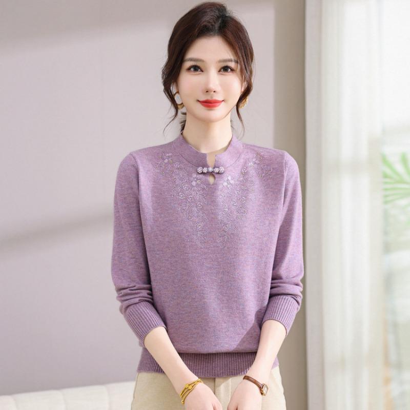 Middle-aged and old women's clothing, spring and autumn knitted loose sweater, mother's spring clothing, new stand-up collar bottoming shirt, top