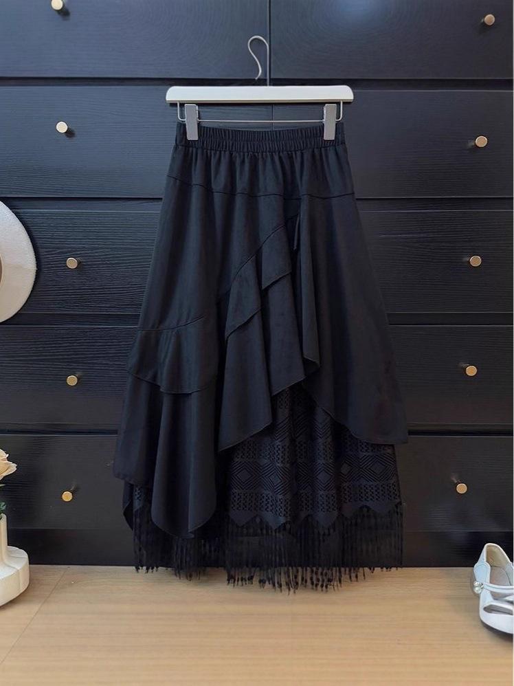

Women s Retro Suede and Lace Patchwork Skirt Asymmetrical Ruffled Midi Skirt xl
