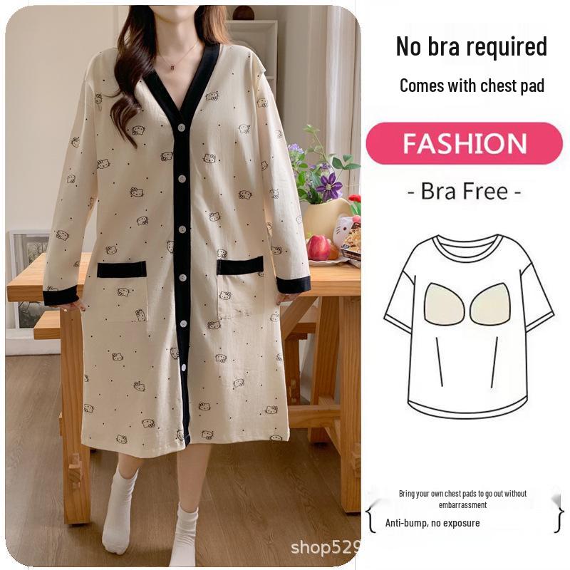 Breathable Maternity Nightgown with Built-in Bra for Labor, Breastfeeding, & Postpartum - Spring & Autumn Style