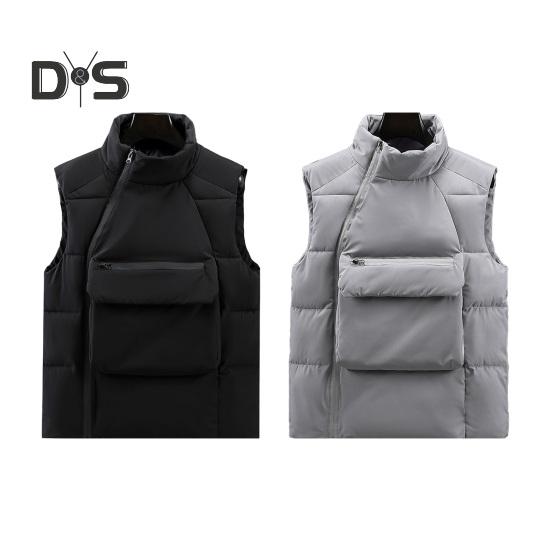 Men Down Waistcoat Stand Collar Sleeveless Oblique Zipper Closure Vest Coat with Front Pockets Solid Color Cotton Coat