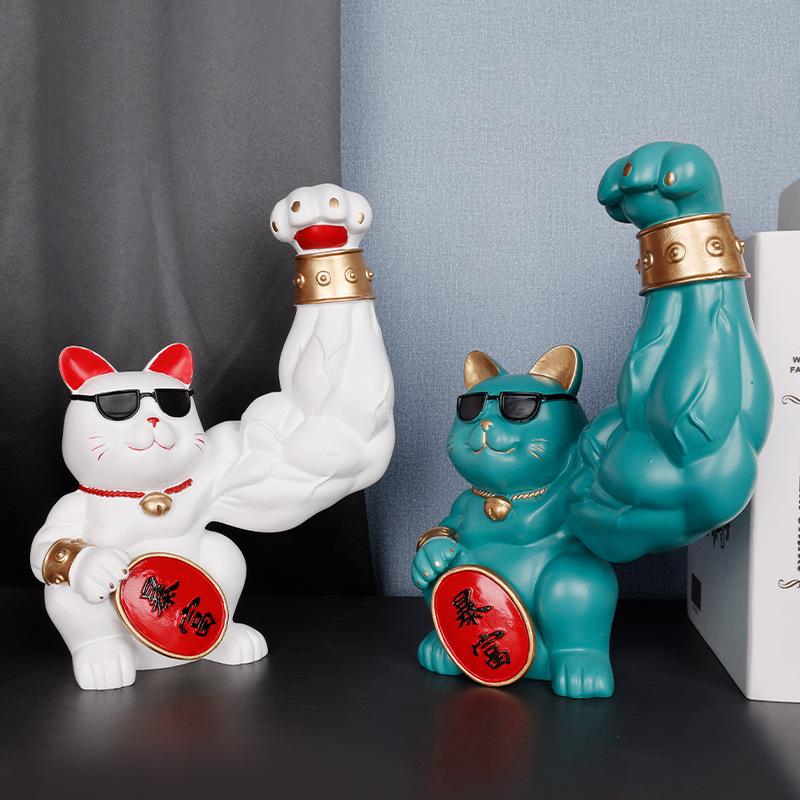 Creative Lucky Cat Decorative Ornaments Muscle Cat Animal Statue Resin Table Small Ornaments Living Room Home Decoration Modern