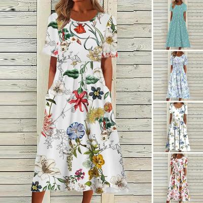Women's Summer Short Sleeve Dress Casual Floral Print Round Neck Midi Dress with Pockets Flowy A-line Beach Sundress