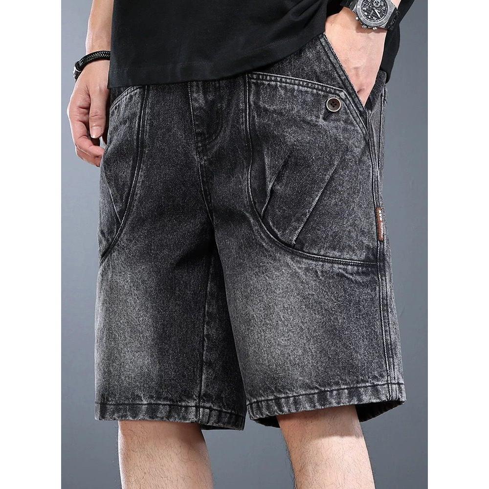 High-end Denim Shorts Men s Summer Washed Old American Retro Five-point Pants Loose Trend Tooling Middle Black Cargo Pants XS чёрный