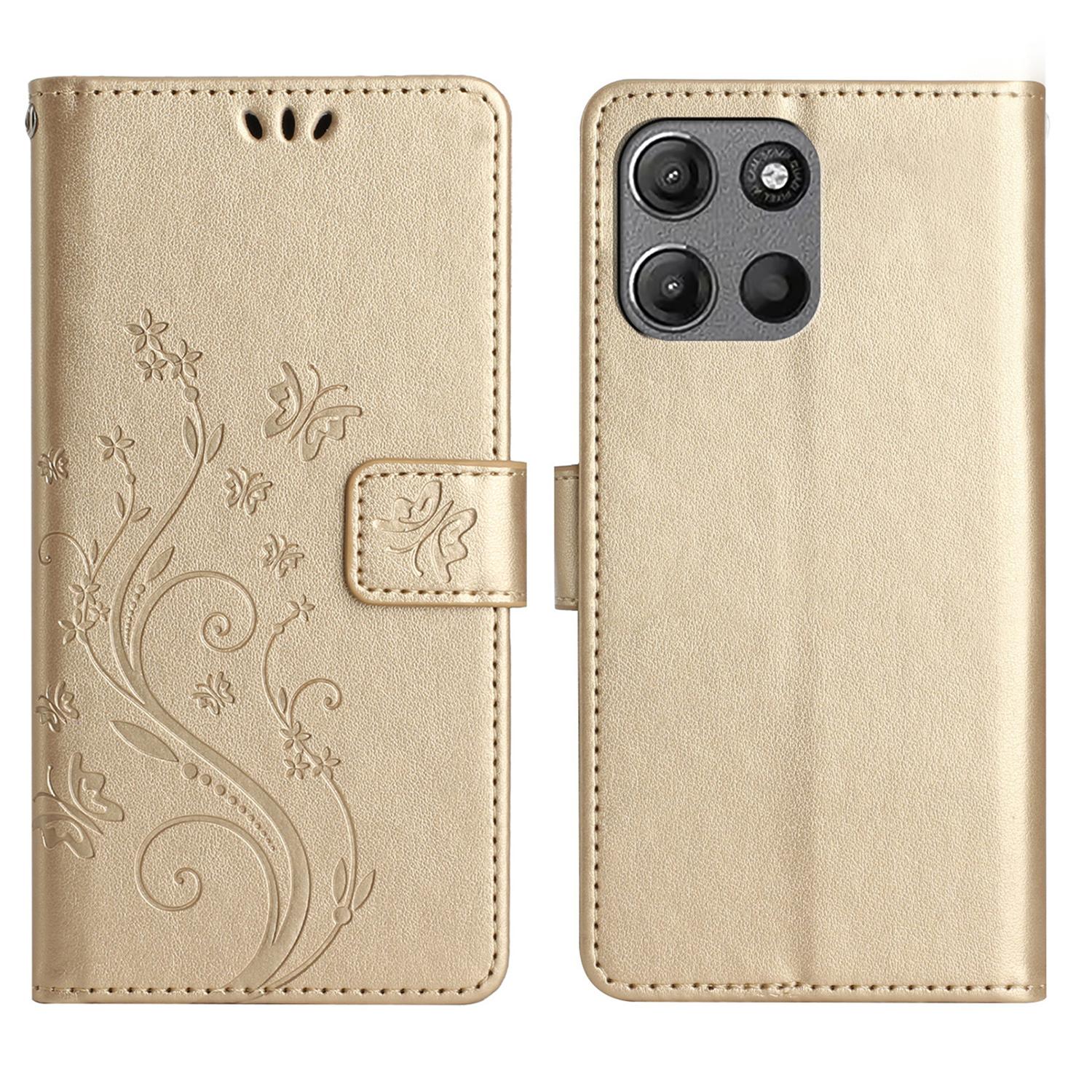 

Для Motorola Moto G15 4G Шкіряний гаманець-чохол з відбитком метелика та квітки, чохол для телефону зі шнурком I