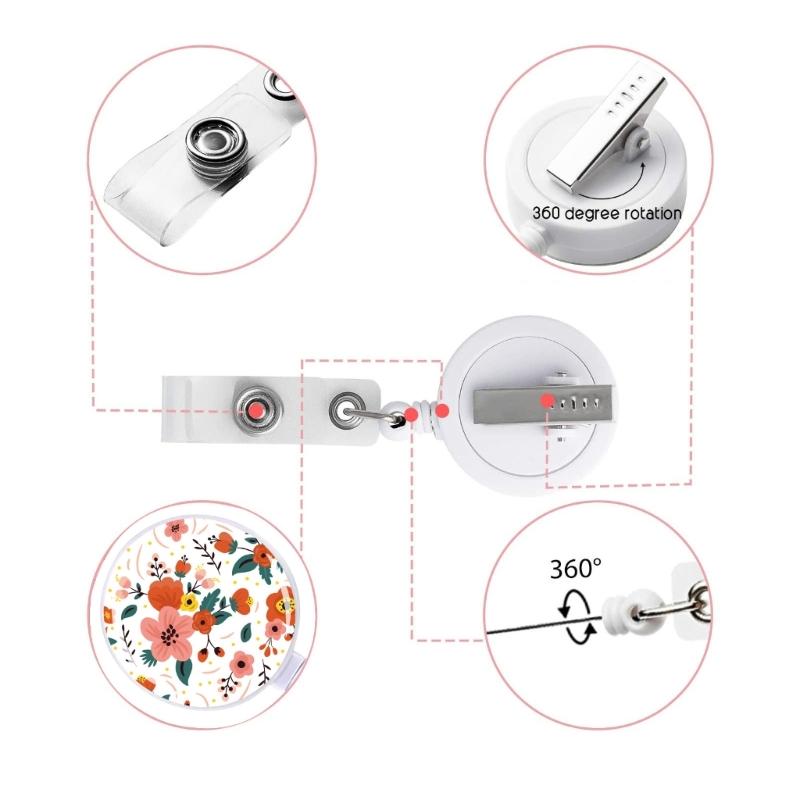 Flower Print Badge Holder Retractable Badge Holder Rotating ABS Badge Holder with Metal Clip for Nurse Doctor Student