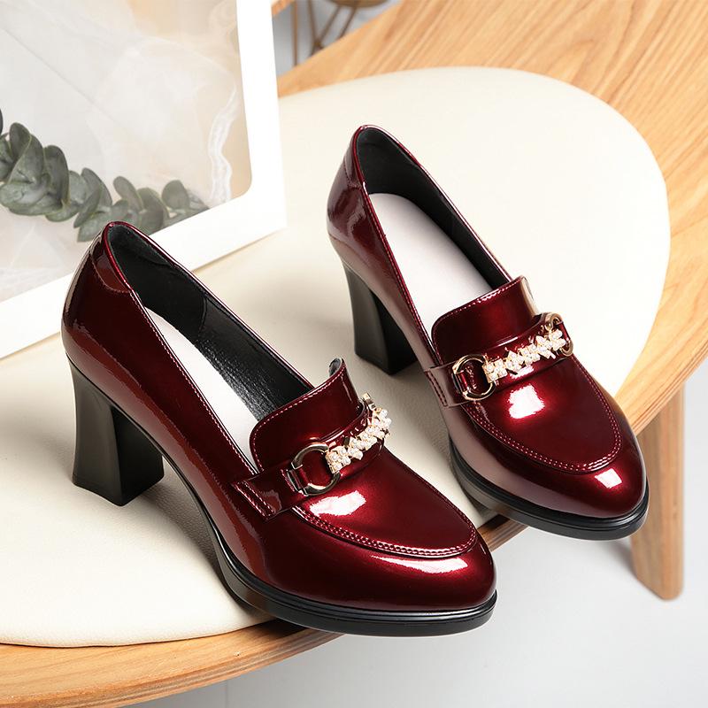 Women's Deep-Cut Pointed High Heels - 2023 Spring/Autumn, Mid-Heel Red Leather Shoes for Middle-Aged Women