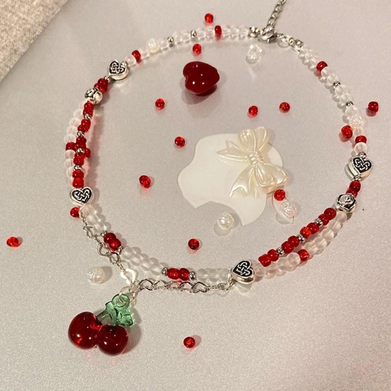 Cute Fruit Cherries Chokers Necklaces For Women Girls Fashion Red White Bead Handmade Beaded Necklace Jewelry Gift
