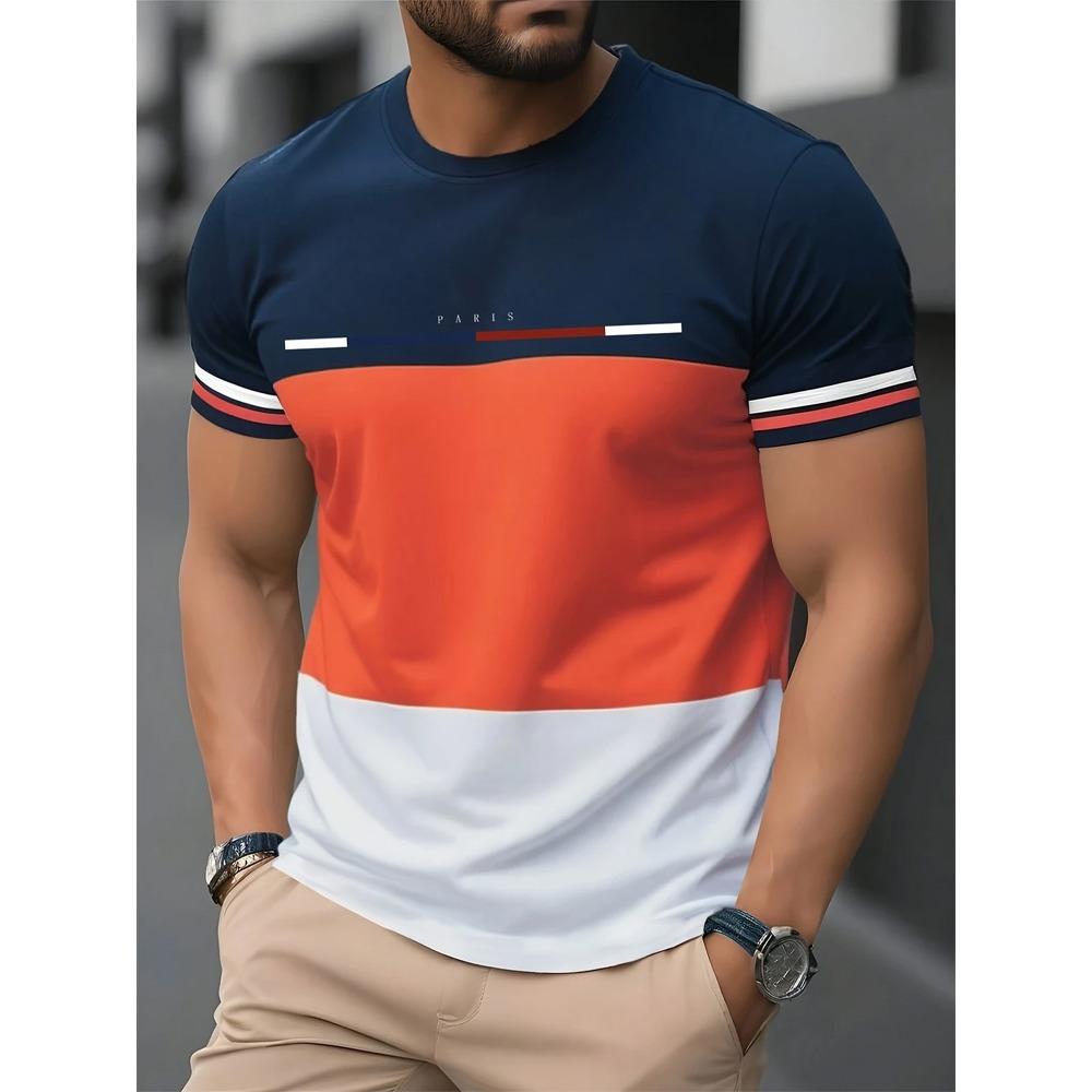 Men's Fashion Stripe Splicing 3D Printed Short Sleeve Comfortable To Wear