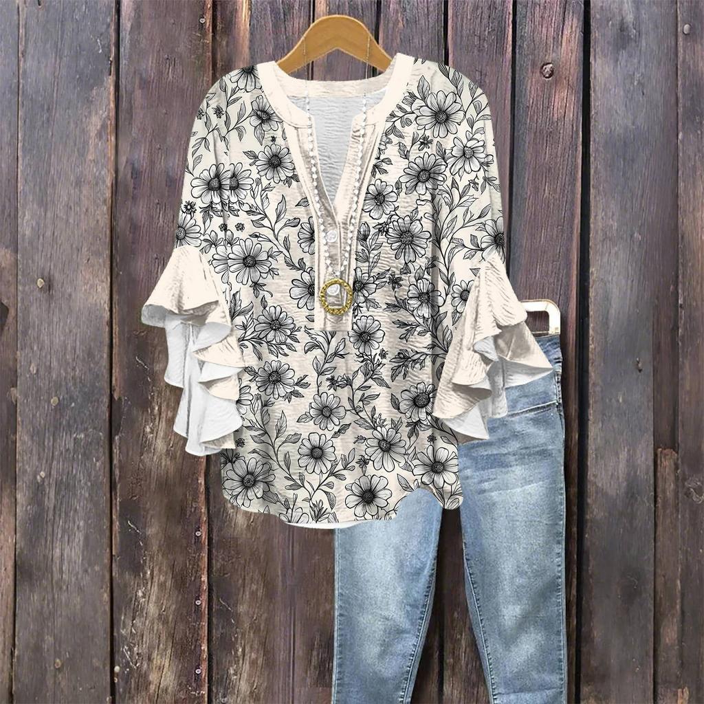 Tops For Women Cute Button V Neck 3/4 Sleeve Blouses Print Top Casual Shirts