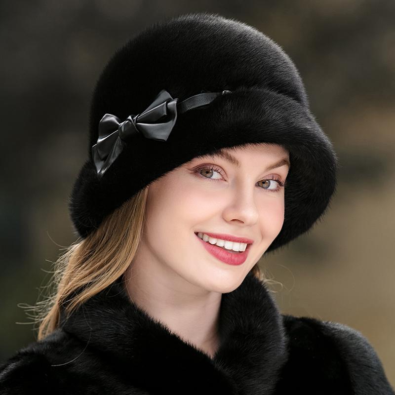 

Новые меховые шапки для зимних покупок, теплые рыбацкие шапки, модные шапки с бантом, женские меховые шапки Tide M（56-58cm） чёрный