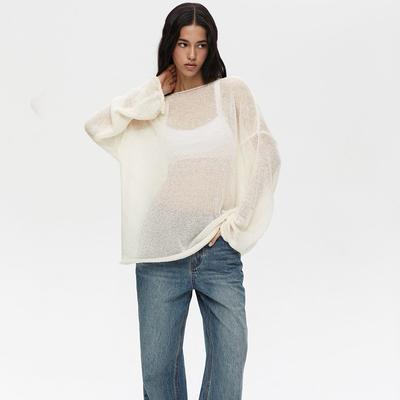 Women Long Sleeve See Through Women Sweaters Spring Autumn Hollow Casual Knitted Sweater Thin Round Neck Pullover Tops Elegant Simple Knitwear