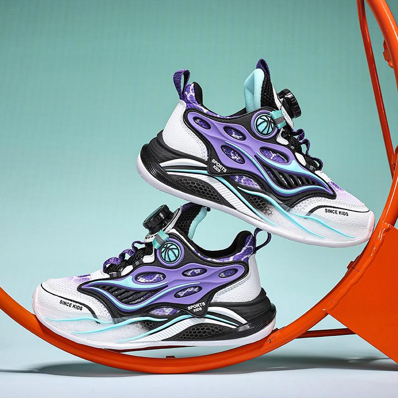 Boys basketball shoes 2025 spring new rotating buckle classmate mesh breathable waterproof non-slip middle and older children's running shoes