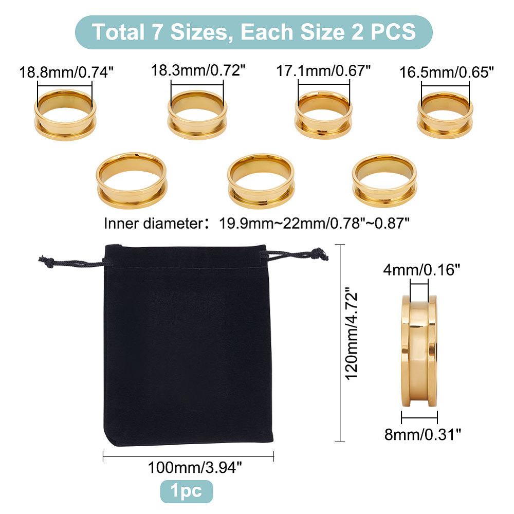14Pcs 7 Size Stainless Steel Grooved Finger Rings Set, with 1Pc Rectangle Velvet Pouches, Golden, Inner Diameter: 16.5~22mm, 2Pcs/size