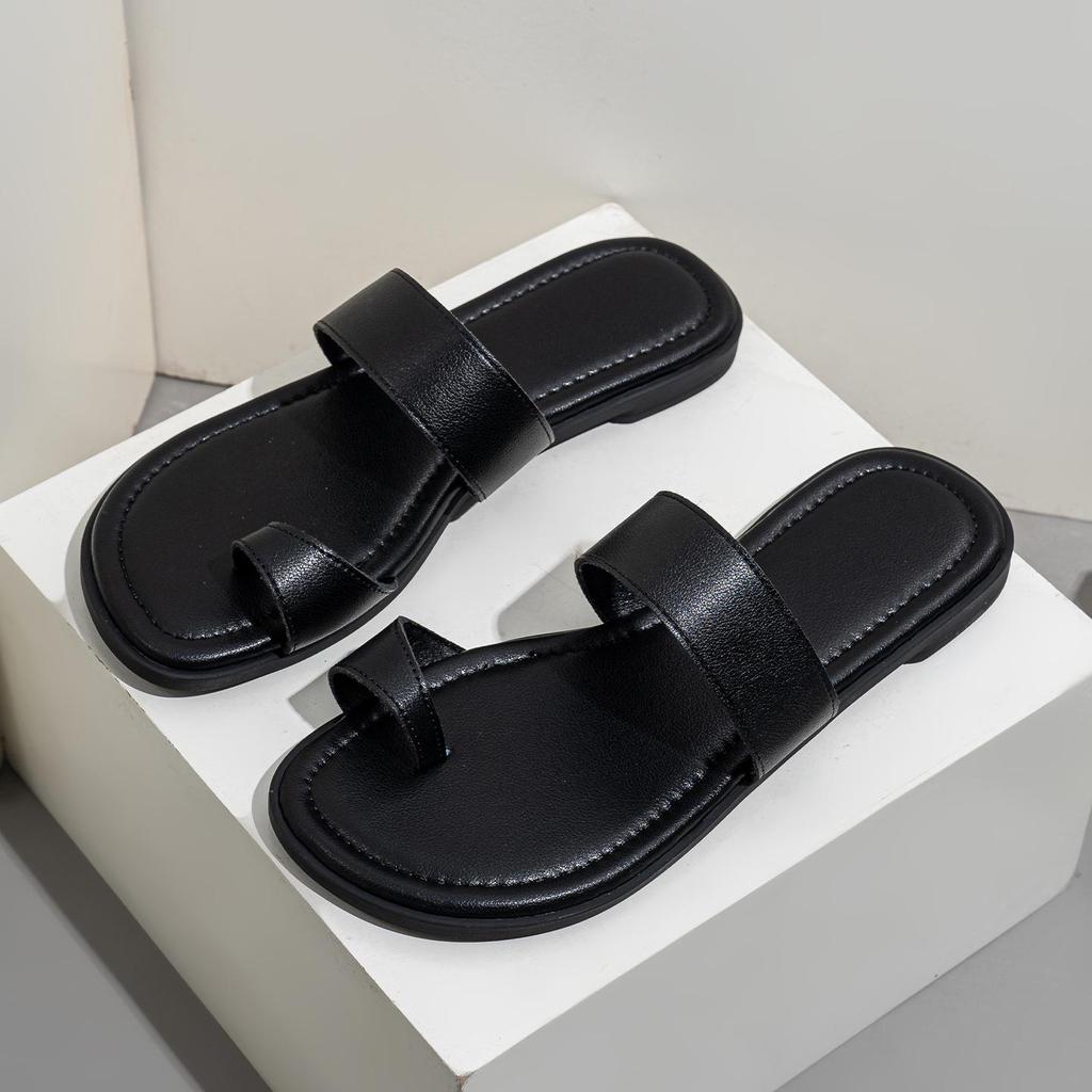 Women's Genuine Leather Large Flat Toe Post Casual Flip Flops - Non-Slip, Fashionable and Simple Design for Beach Wear