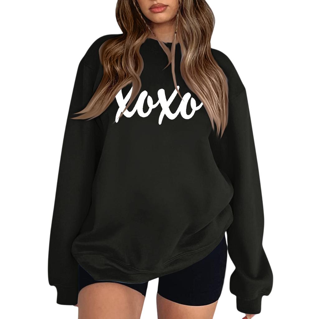 Women's Fashion Round Neck Long Sleeve Solid Color Letter Top Sweatshirt