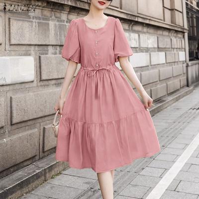 Women Casual Round Neck Solid Color Short Sleeve Dress