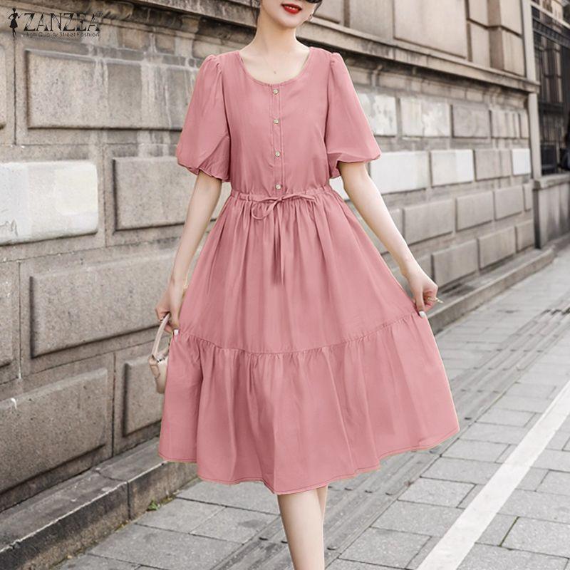 ZANZEA Women Casual Round Neck Solid Color Short Sleeve Dress