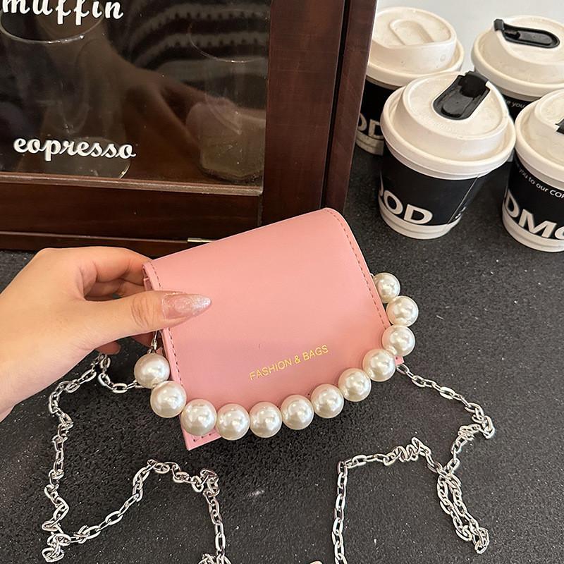 

Chic Minimalist Pearl Chain Small Bag For Women Elegant Fashionable Summer Style рожевий