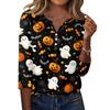 Women's Halloween Printed V Neck Button Front Three Quarter Sleeve Casual Top Lightweight Soft Fabric Comfortable Fit