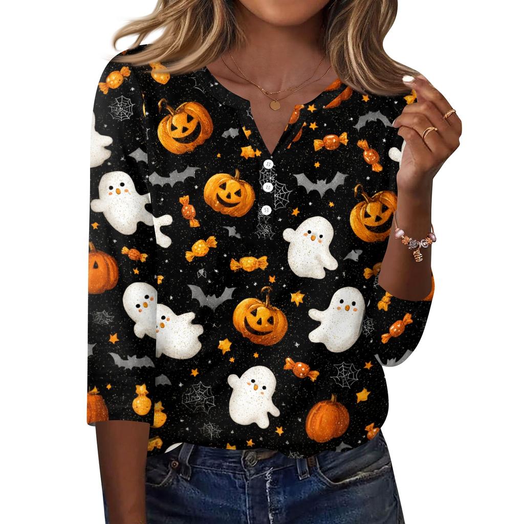 Women's Halloween Printed V Neck Button Front Three Quarter Sleeve Casual Top Lightweight Soft Fabric Comfortable Fit
