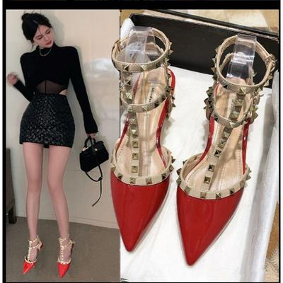 2024 Summer High-heeled Women's Sandals Fashion  Design Pointed Rivet Red Casual Shoes
