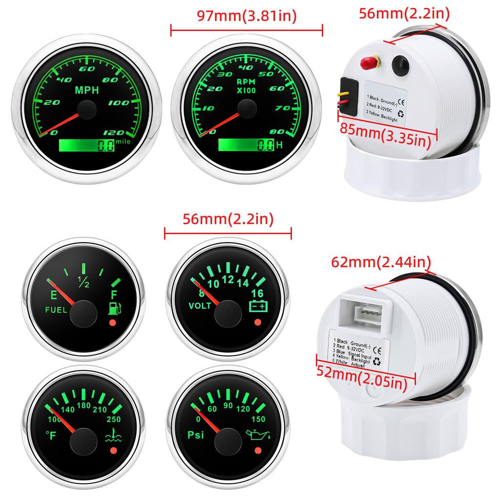 85mm Tachometer GPS Speedometer for Car Boat Multi-functional Gauges Kit with Sensor 52mm Water Temp Volt Oil Press Fuel Meter
